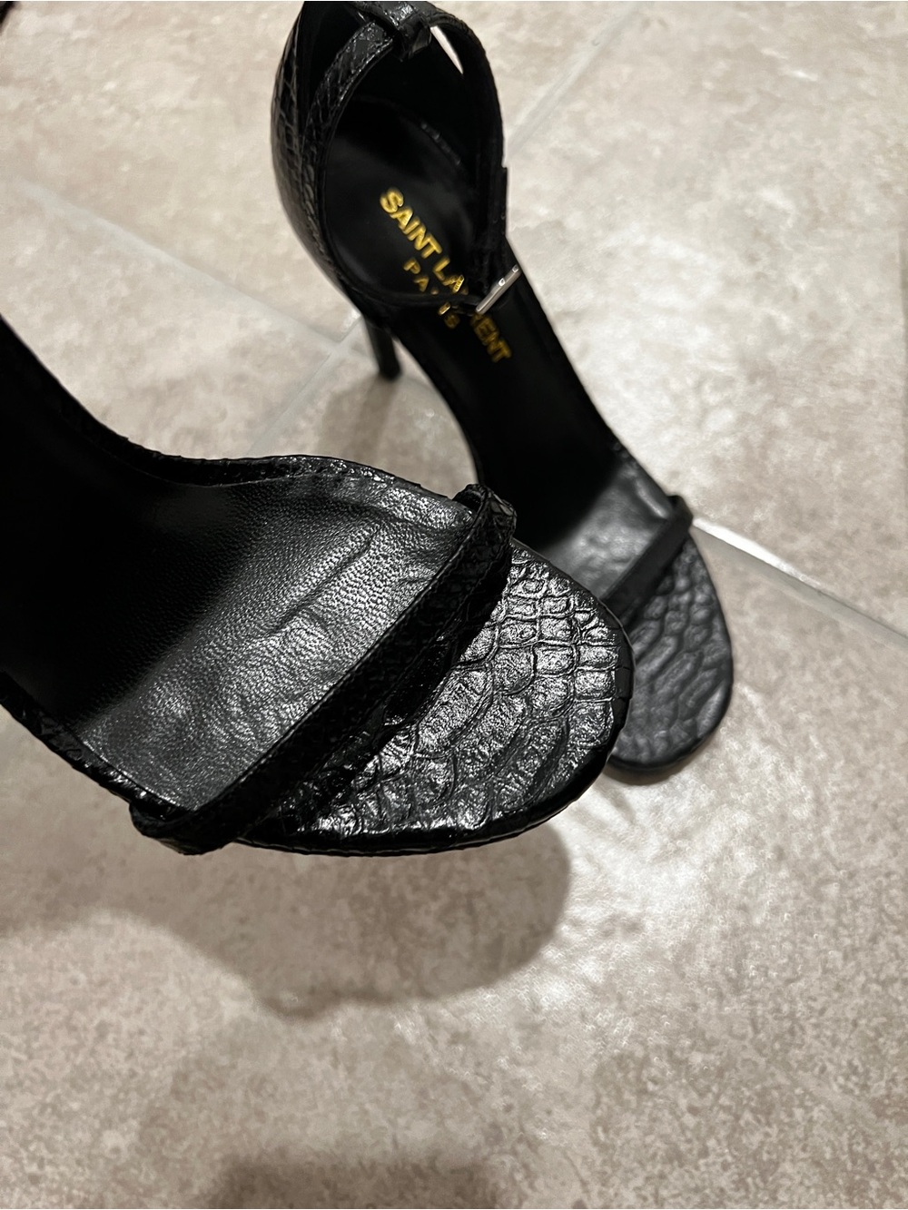 Saint Laurent Black Croc-Textured Ankle-Strap Stilettos - Picture 3 of 4